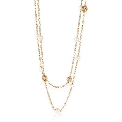 Pearl & Pierced Gold Bead Station Necklace in 14k Yellow Gold