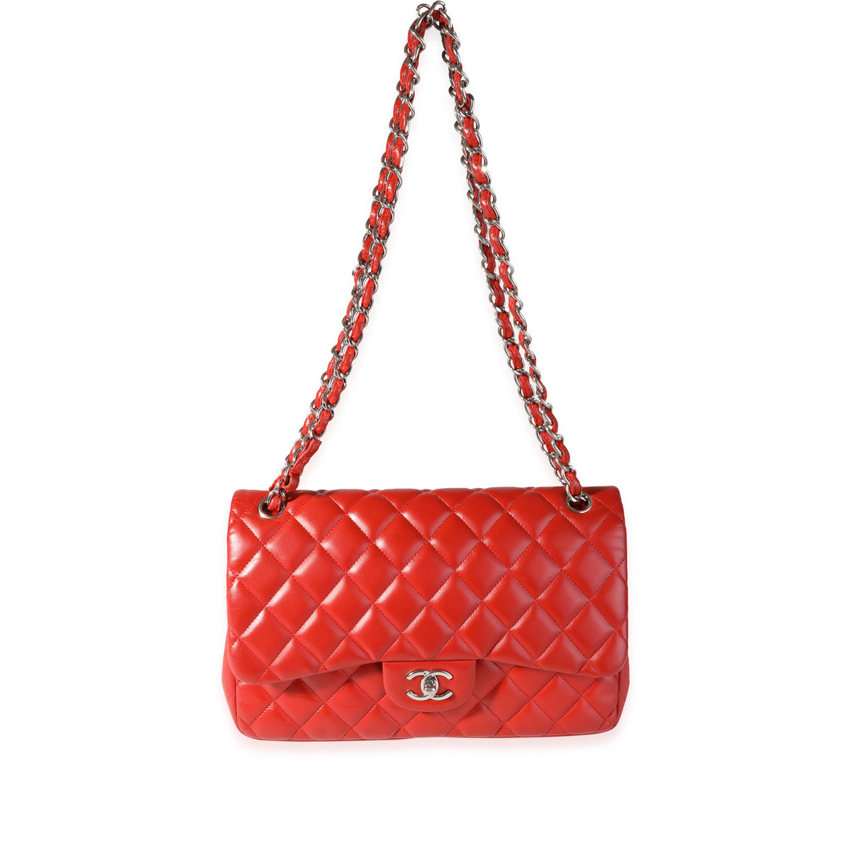 Chanel Red Quilted Lambskin Classic Jumbo Double Flap Bag Handbag bv