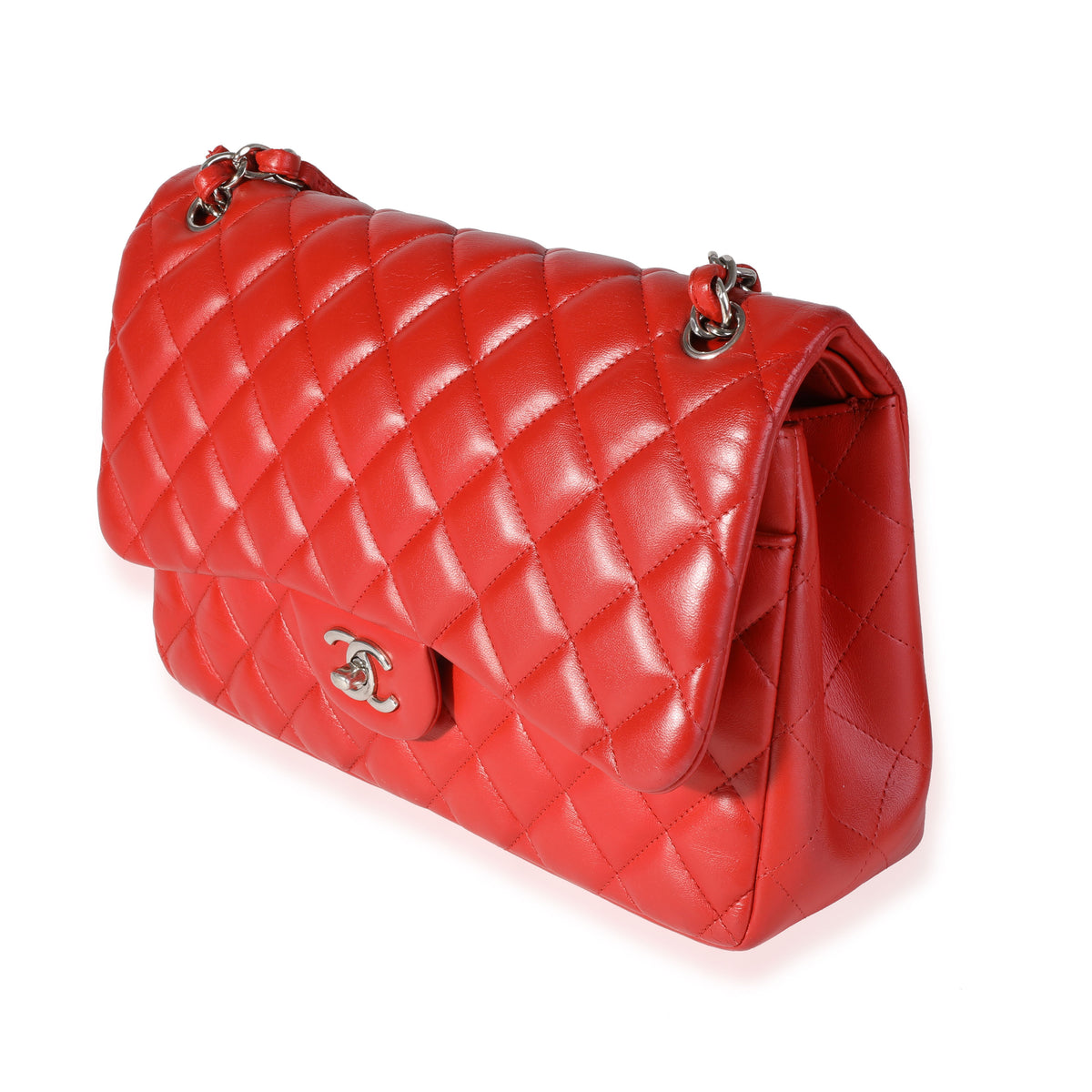 Chanel Red Quilted Lambskin Classic Jumbo Double Flap Bag Handbag sv