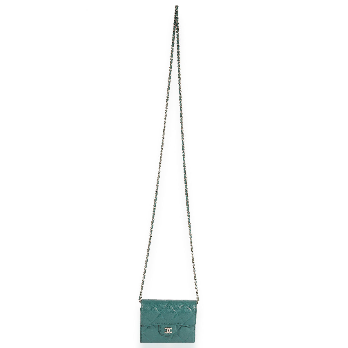 Chanel Teal Quilted Caviar Classic Card Holder on Chain Handbag Handbag stamp