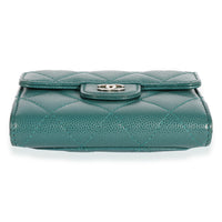 Teal Quilted Caviar Classic Card Holder on Chain