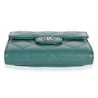 Teal Quilted Caviar Classic Card Holder on Chain Handbag