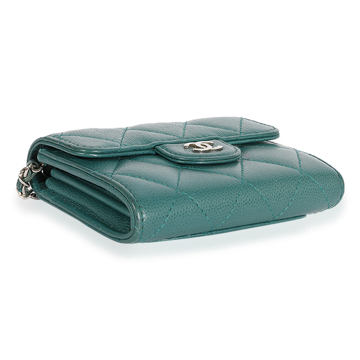 Teal Quilted Caviar Classic Card Holder on Chain