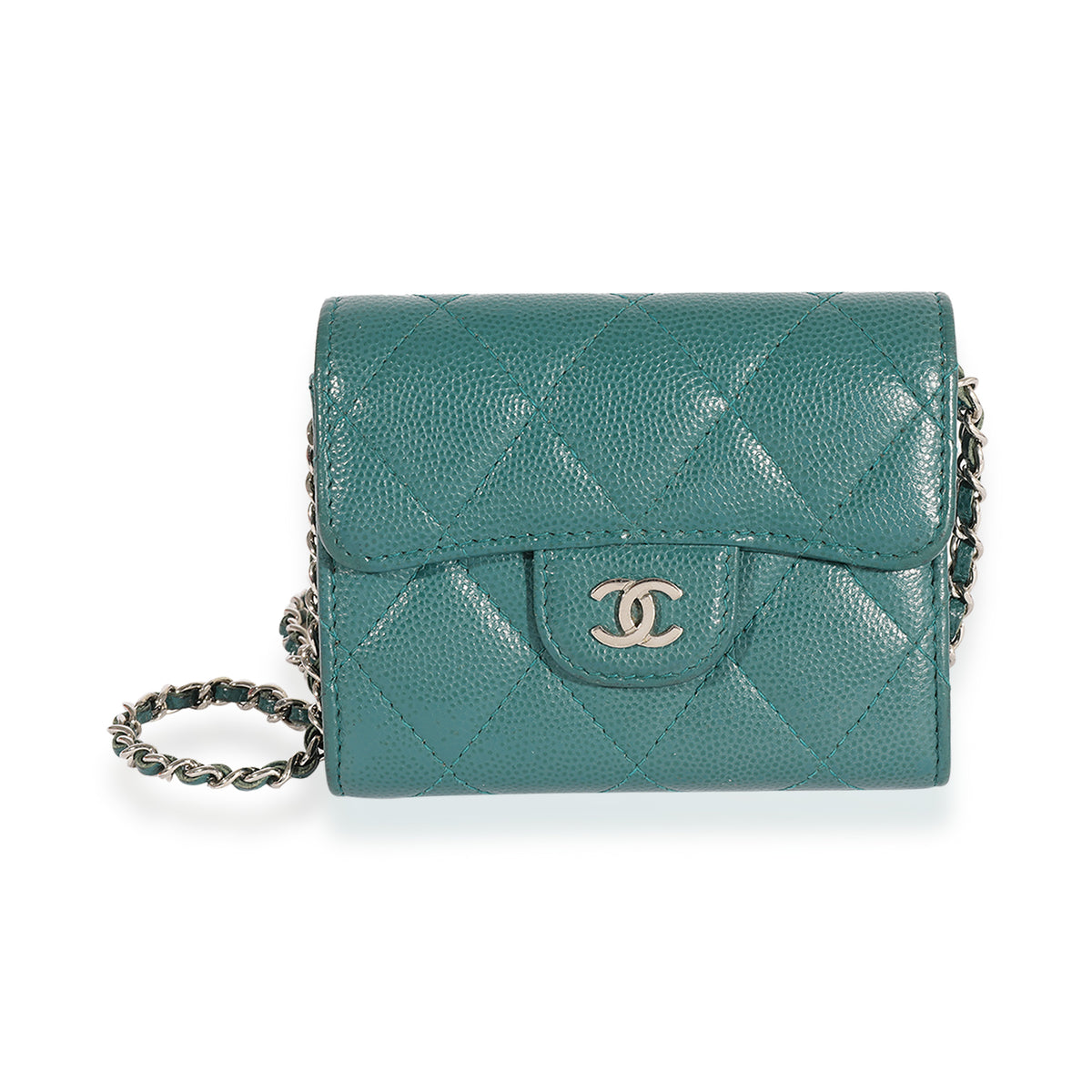 Teal Quilted Caviar Classic Card Holder on Chain Handbag