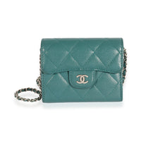 Teal Quilted Caviar Classic Card Holder on Chain Handbag