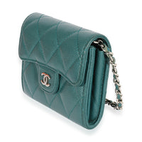 Teal Quilted Caviar Classic Card Holder on Chain