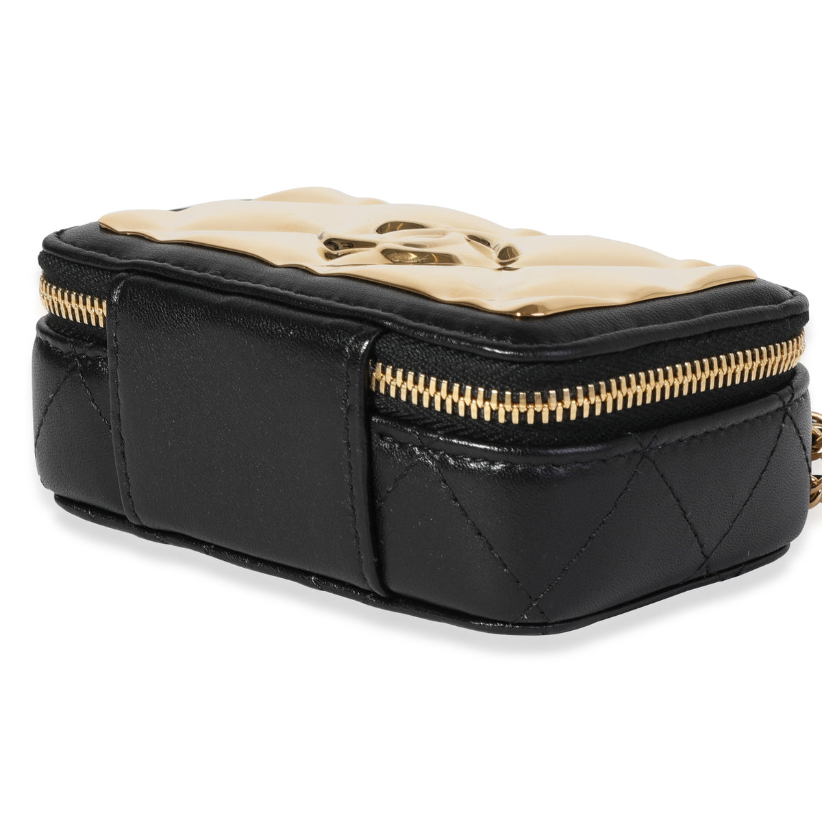Chanel Gold Quilted Metal & Black Lambskin Mini Vanity Bag Handbag box