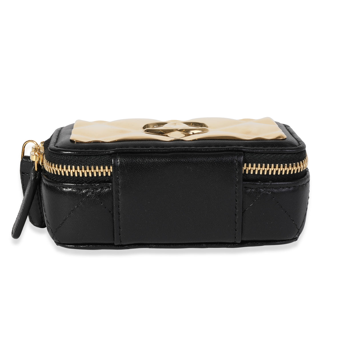 Chanel Gold Quilted Metal & Black Lambskin Mini Vanity Bag Handbag stamp