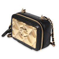 Chanel Gold Quilted Metal & Black Lambskin Mini Vanity Bag Handbag sv