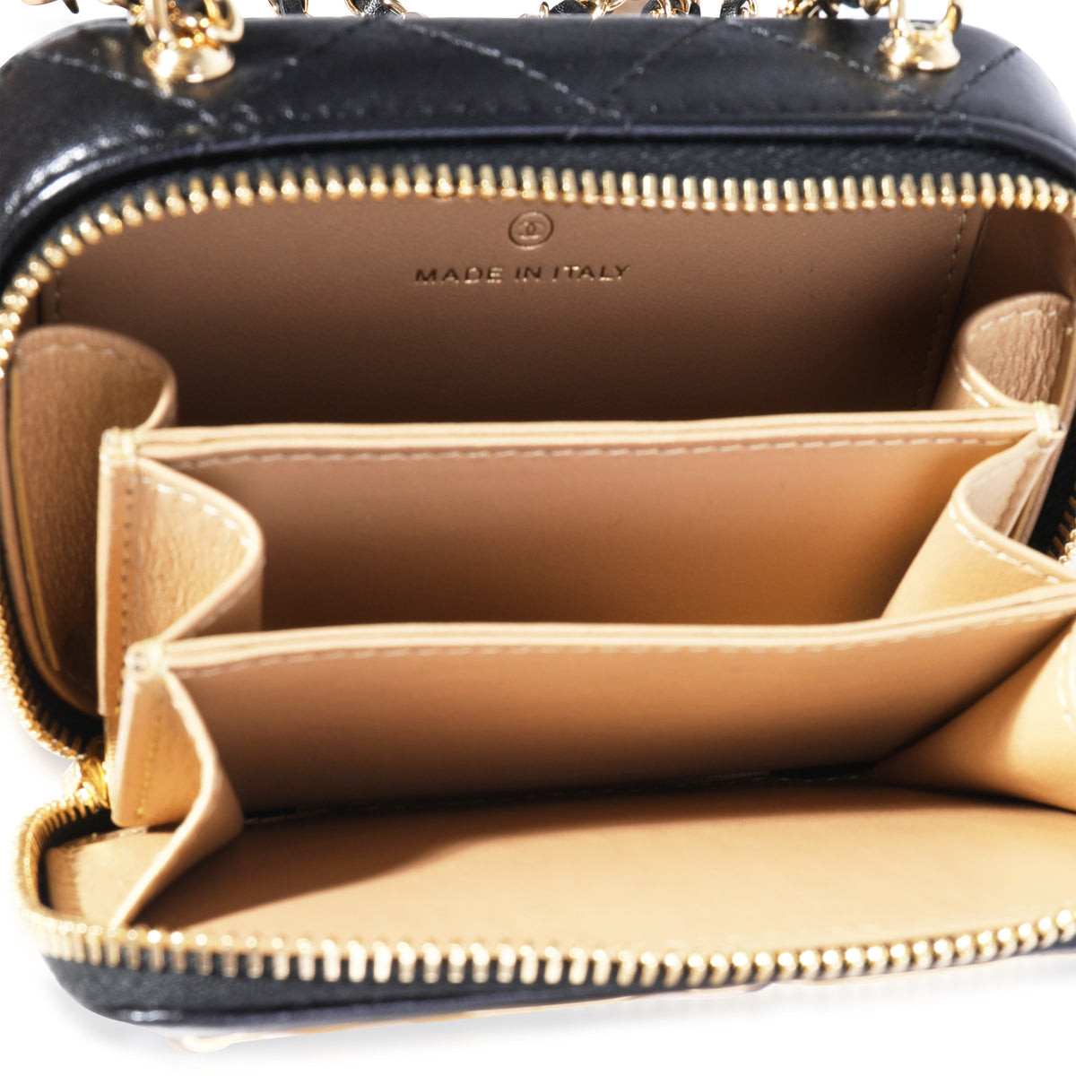 Gold Quilted Metal & Black Lambskin Mini Vanity Bag