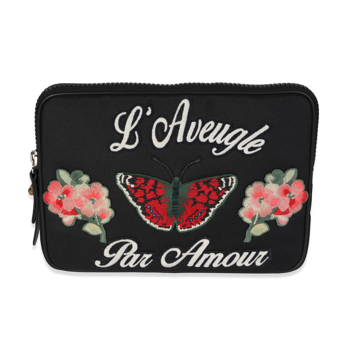 Black Embroidered Techno Canvas Pouch