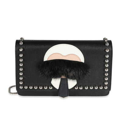 Fendi Black Vitello Elite & Mink Studded Karlito Chain Wallet Handbag fv