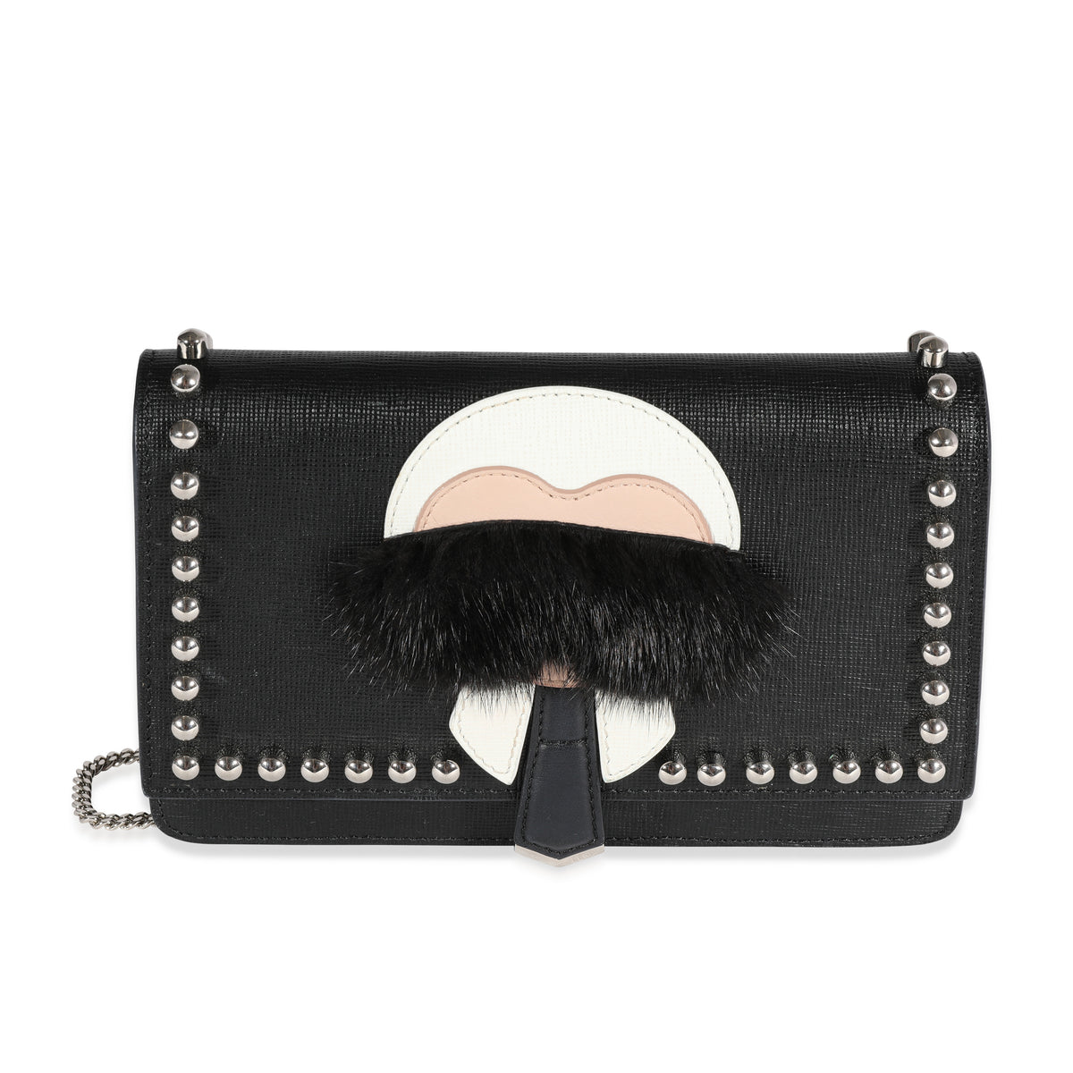 Fendi Black Vitello Elite & Mink Studded Karlito Chain Wallet Handbag fv