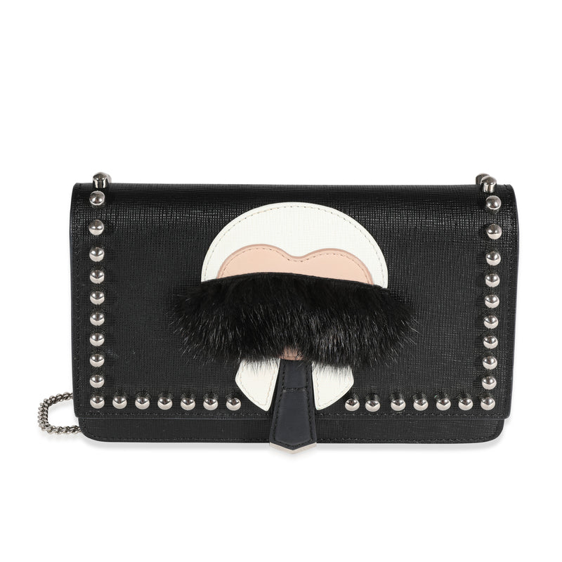 Fendi Black Vitello Elite & Mink Studded Karlito Chain Wallet Handbag fv