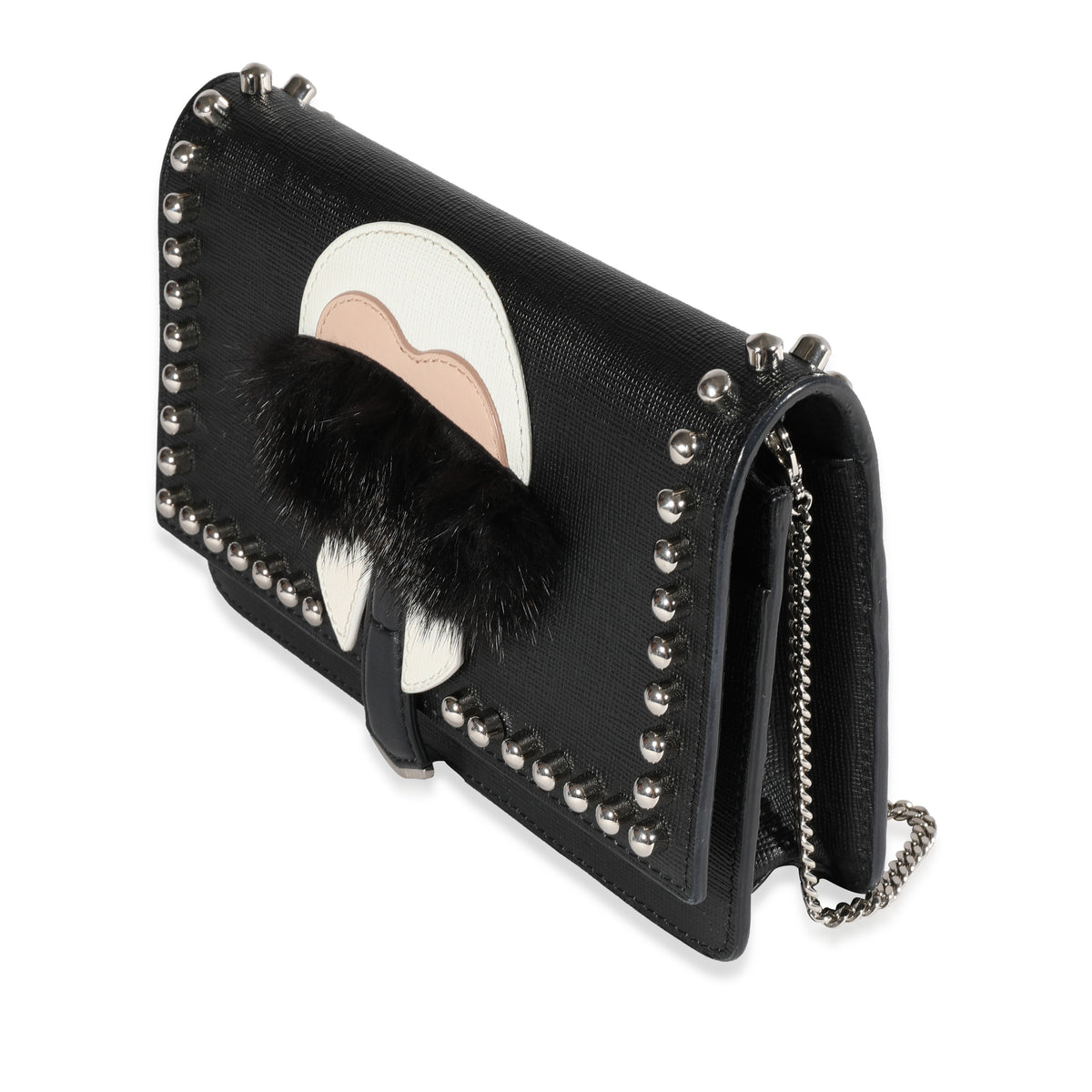 Fendi Black Vitello Elite & Mink Studded Karlito Chain Wallet Handbag sv