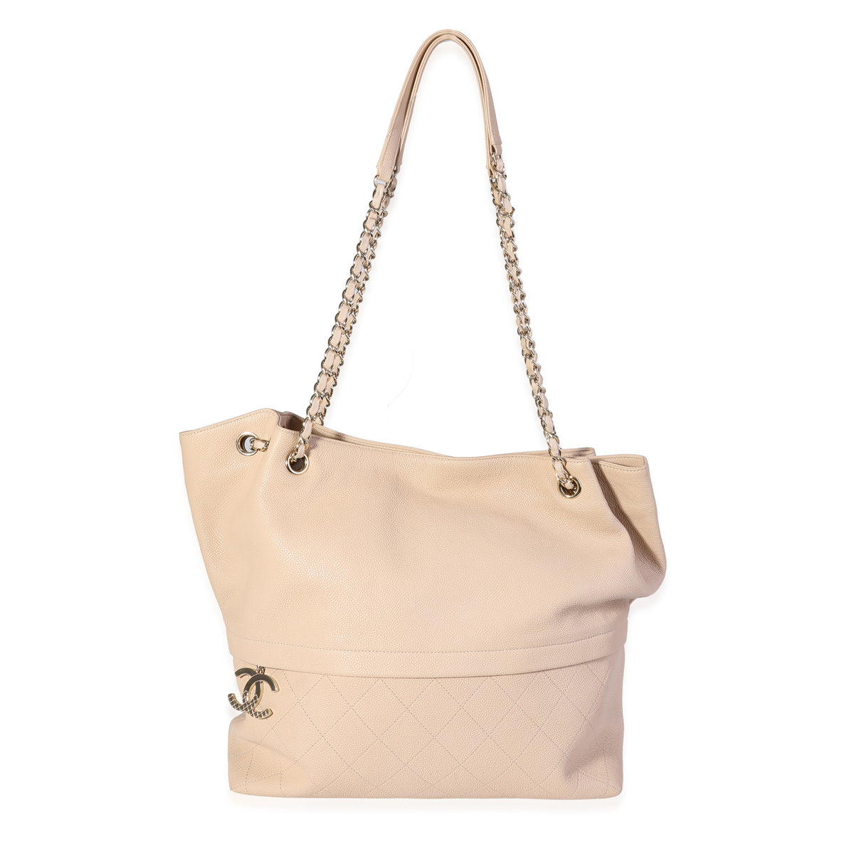 Beige Quilted Grained Calfskin Zip & Carry Tote