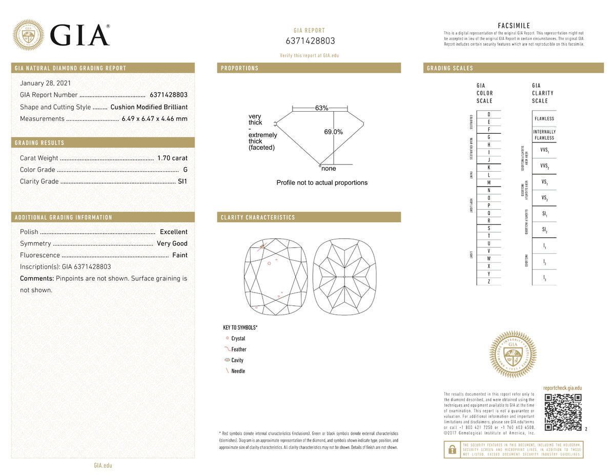 GIA Certified 1.70 Ct Cushion cut G SI1 Loose Diamond