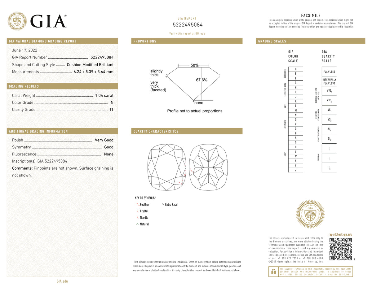 GIA Certified 1.04 Ct Cushion cut N I1 Loose Diamond