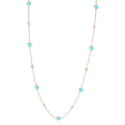 Turquoise &. Rose Cut Diamond Station Necklace, 18k Yellow Gold 0.09 CTW