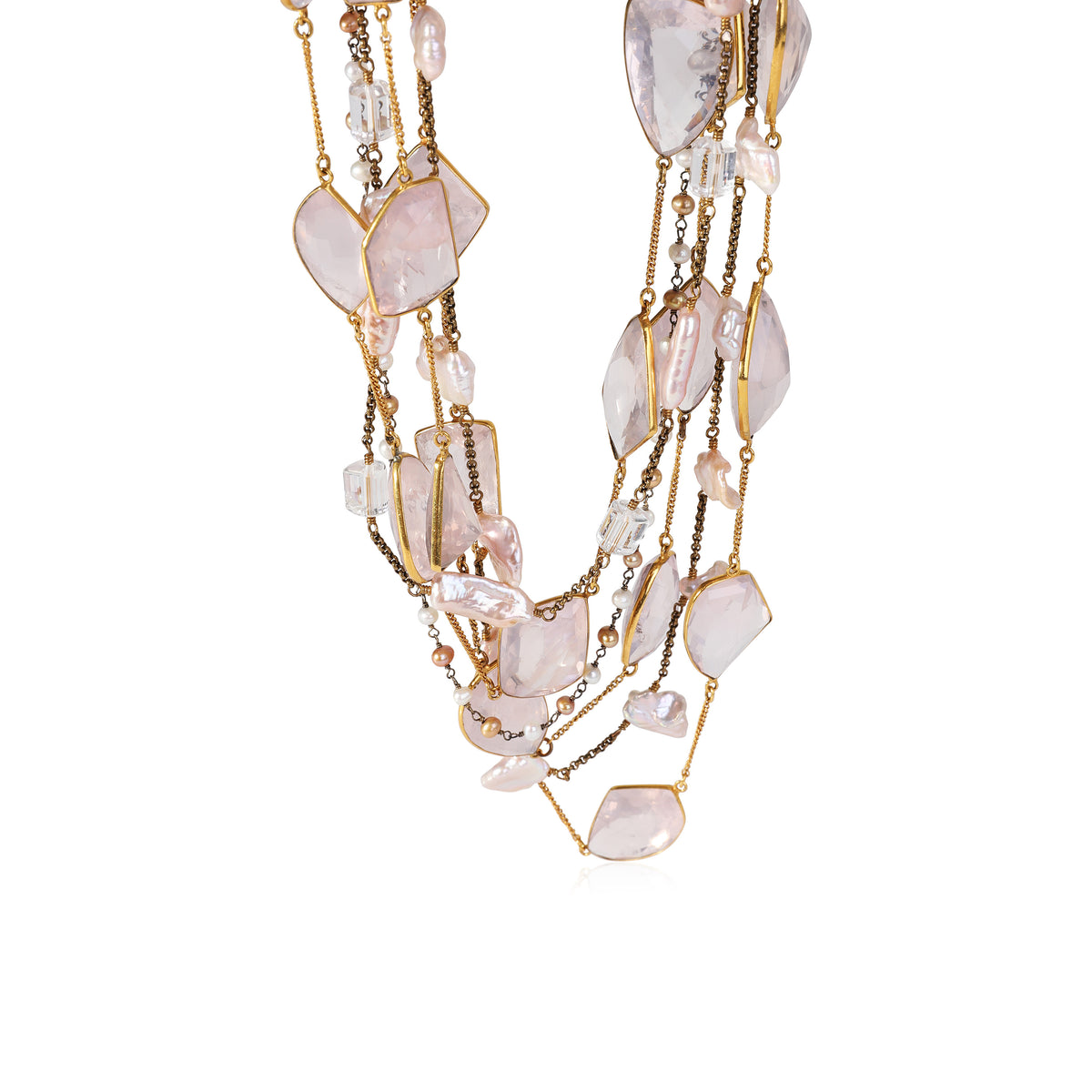 Brass-Toned Rose Quartz & Flat Freshwater Pearl 6 Swag Necklace