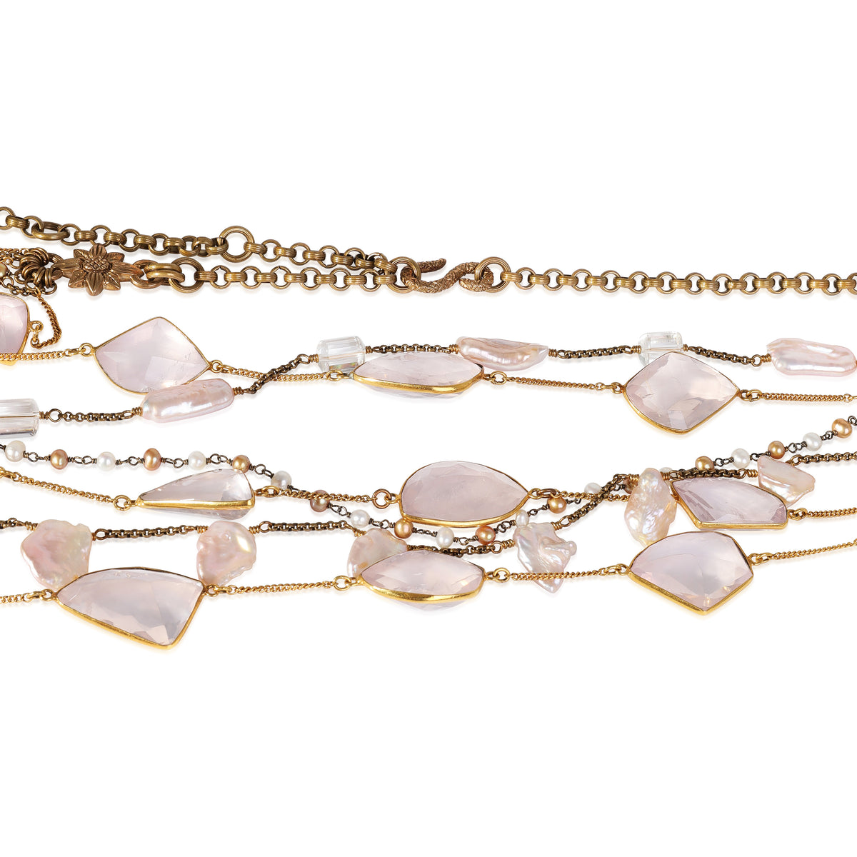 Brass-Toned Rose Quartz & Flat Freshwater Pearl 6 Swag Necklace