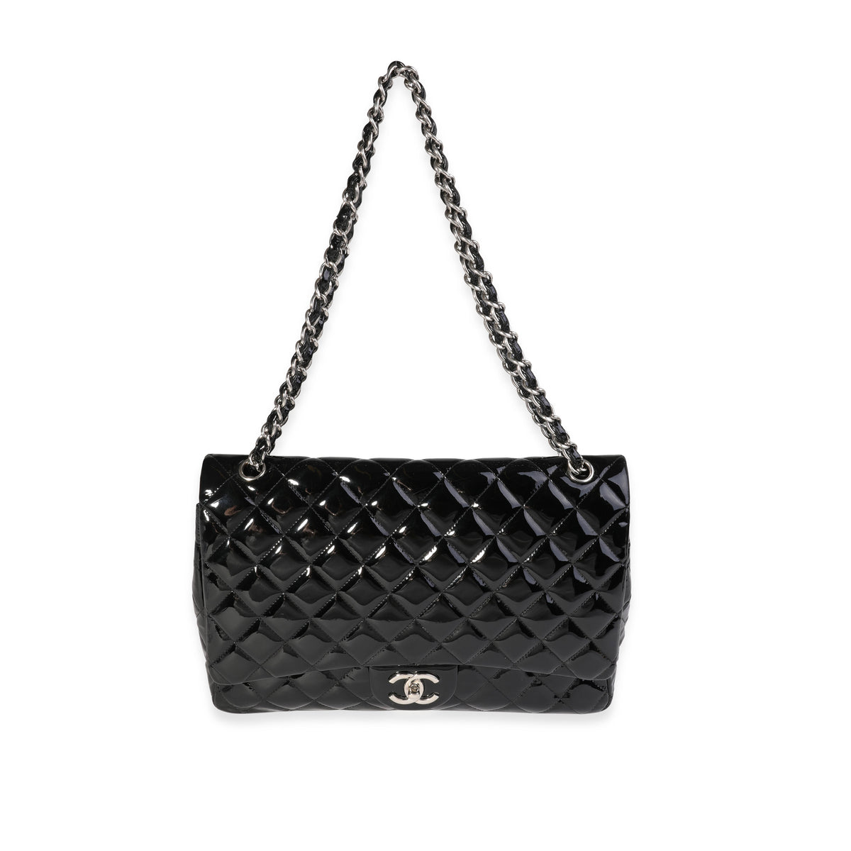 Chanel Black Quilted Patent Leather Maxi Classic Double Flap Bag Handbag bv