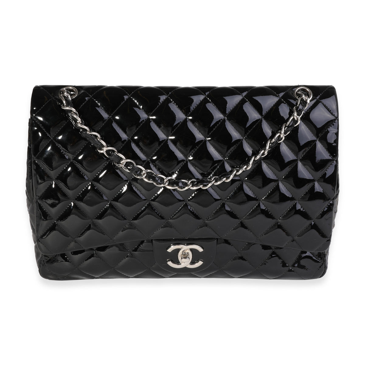 Black Quilted Patent Leather Maxi Classic Double Flap Bag