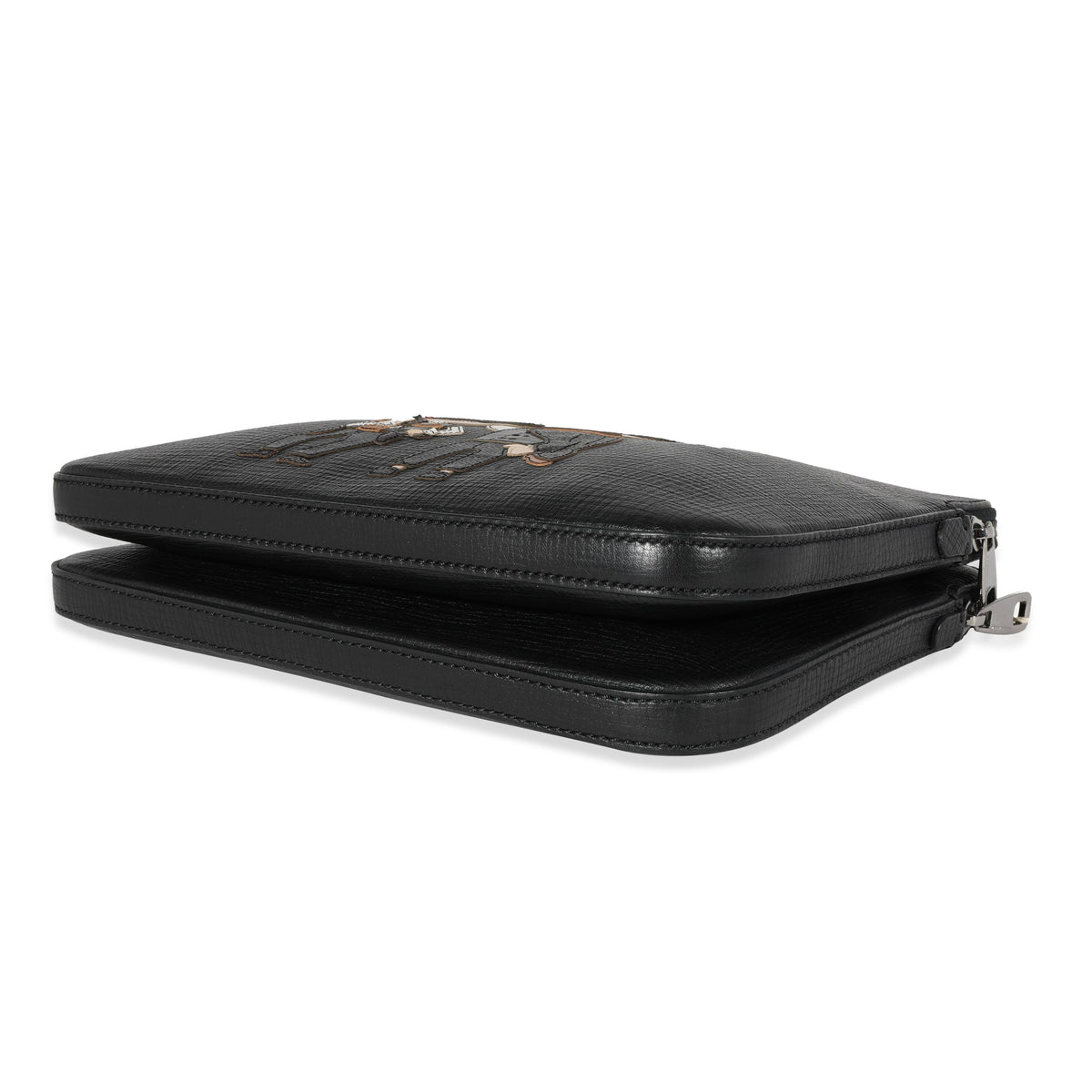 Dolce & Gabbana Black Textured Leather Cowboy Men Patch Double Zip Pouch Handbag box