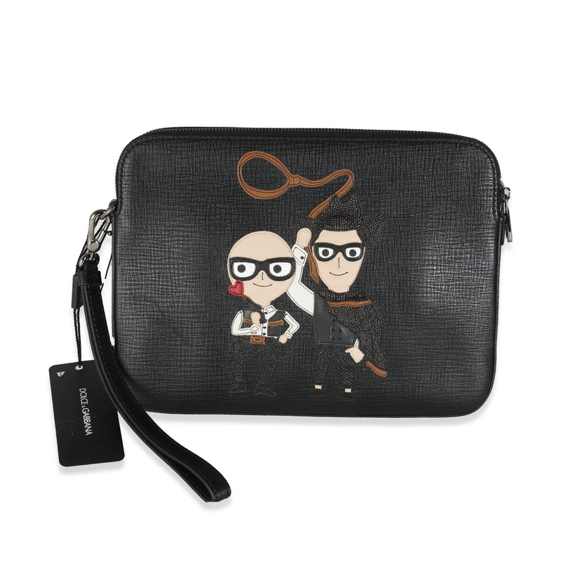 Dolce & Gabbana Black Textured Leather Cowboy Men Patch Double Zip Pouch Handbag fv