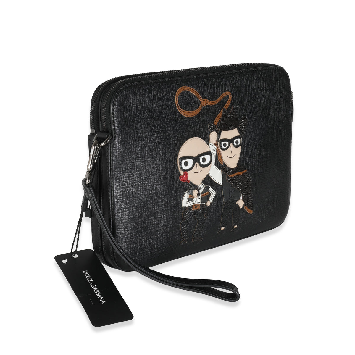 Dolce & Gabbana Black Textured Leather Cowboy Men Patch Double Zip Pouch Handbag pv