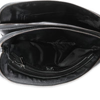 Black Textured Leather Cowboy Men Patch Double Zip Pouch