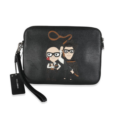 Black Textured Leather Cowboy Men Patch Double Zip Pouch