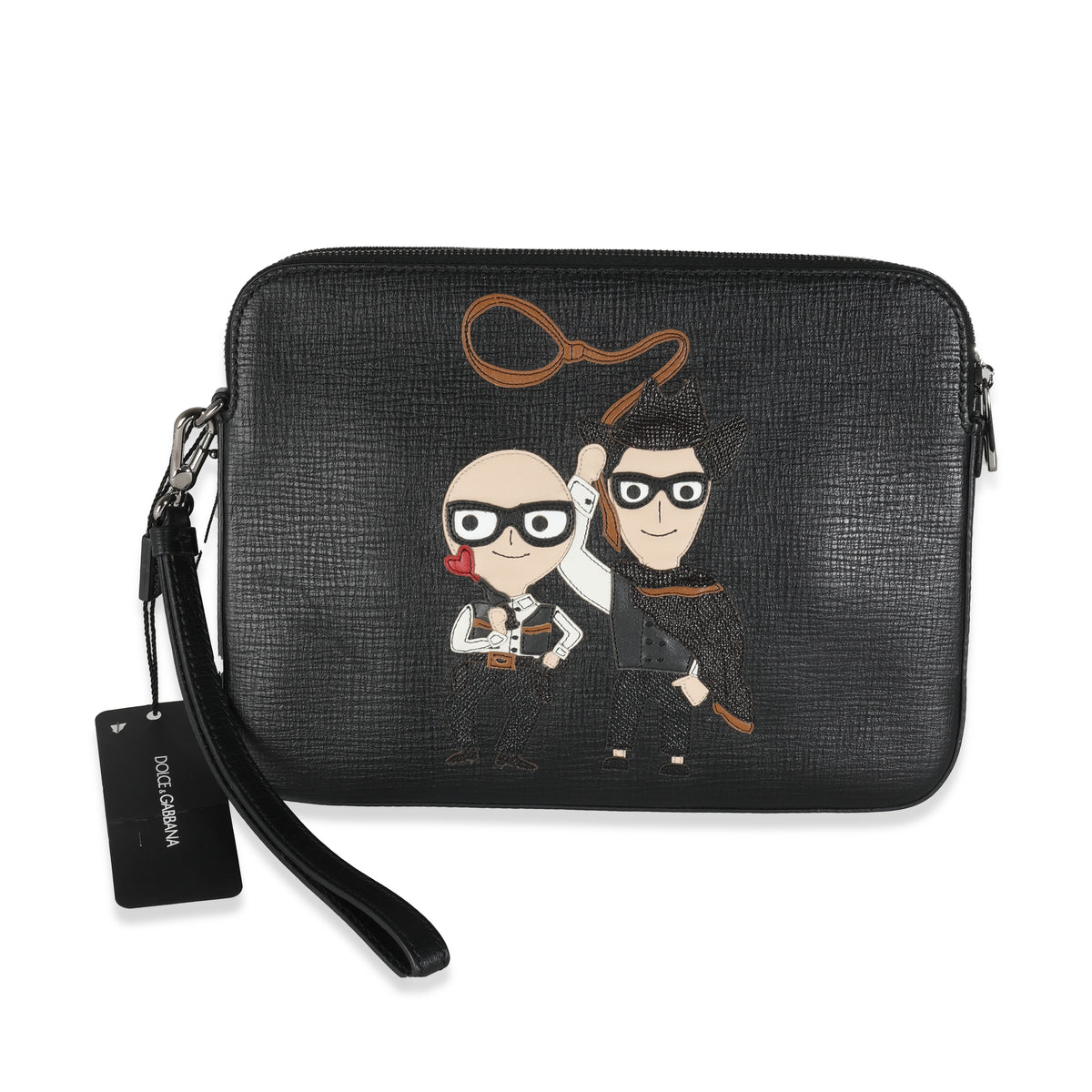 Black Textured Leather Cowboy Men Patch Double Zip Pouch