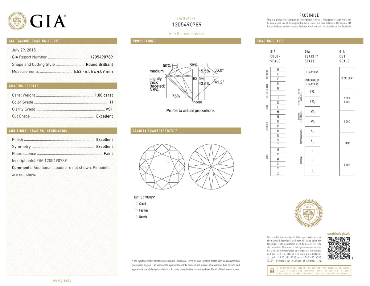 GIA Certified 1.08 Ct Round cut H VS1 Loose Diamond