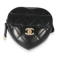 Black Quilted Lambskin Heart Zipped Arm Coin Purse