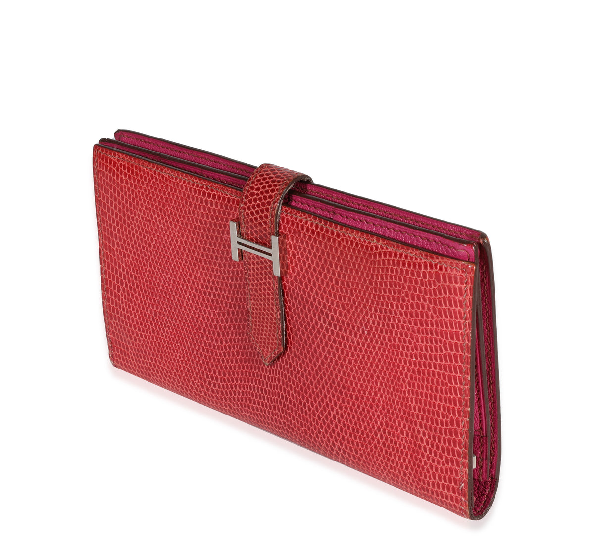 Hermès Fuchsia Lizard Classic Bearn Wallet PHW Handbag sv