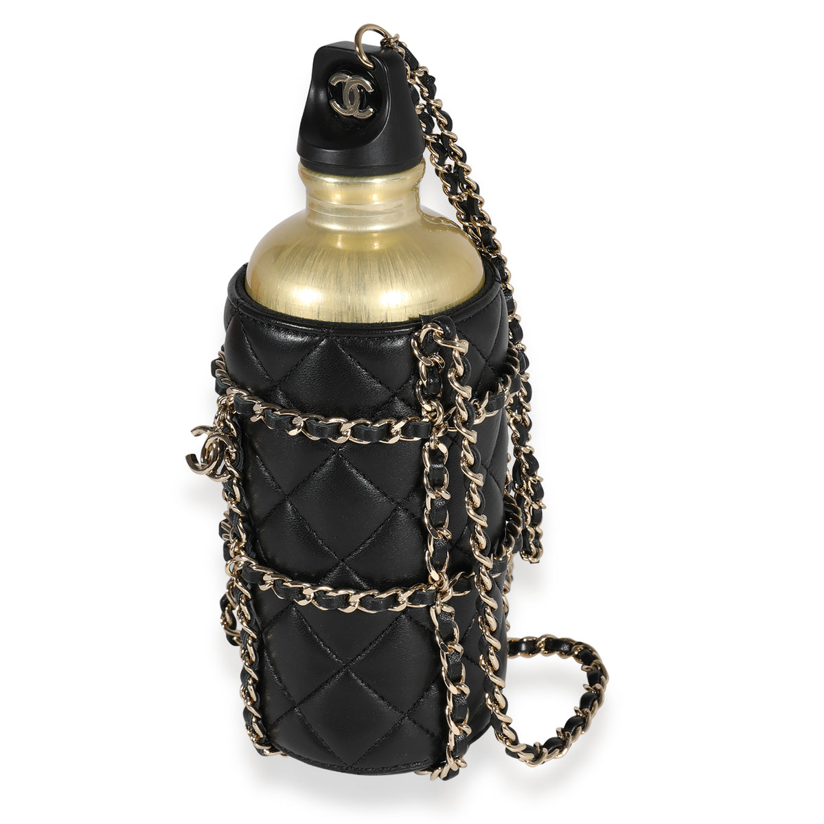 Gold Metal Water Bottle & Black Quilted Lambskin Holder