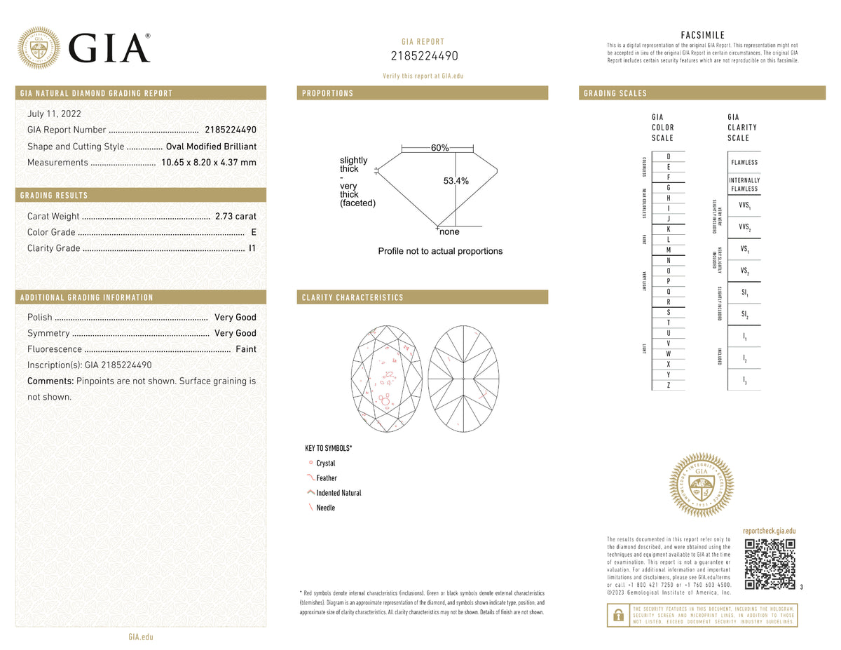 GIA Certified 2.73 Ct Oval cut E I1 Loose Diamond