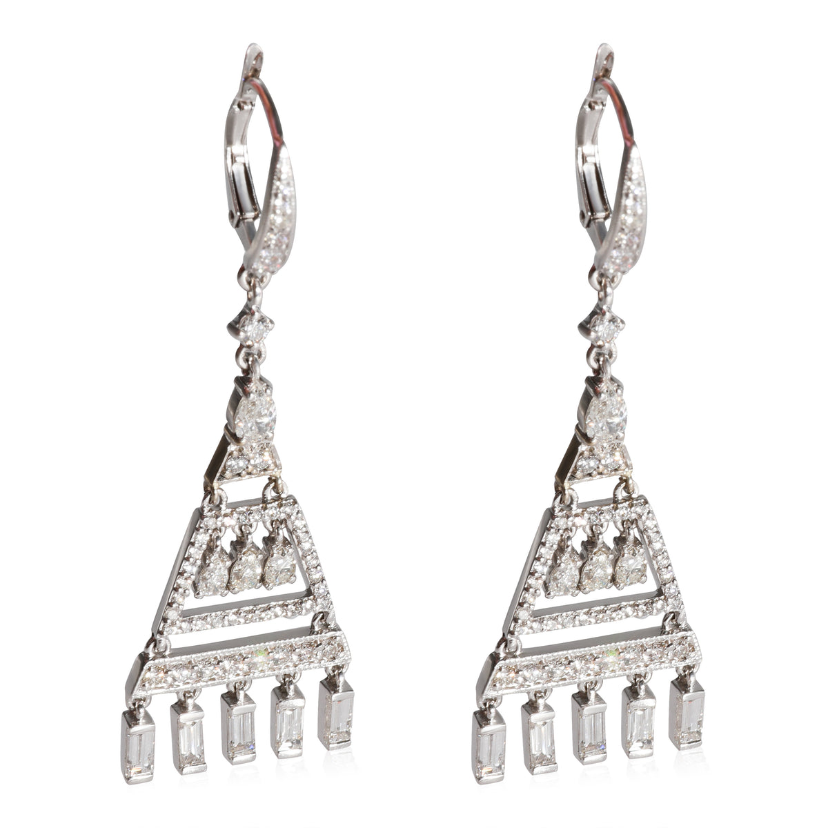 Art Deco Pyramid  Diamond Earrings in 18k White Gold 3.07 CTW