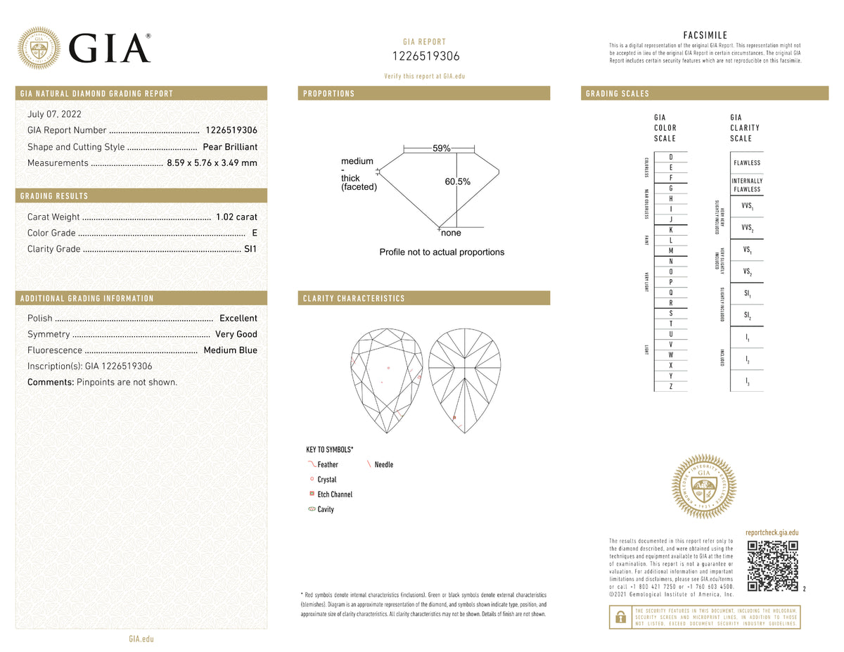 GIA Certified 1.02 Ct Pear cut E SI1 Loose Diamond