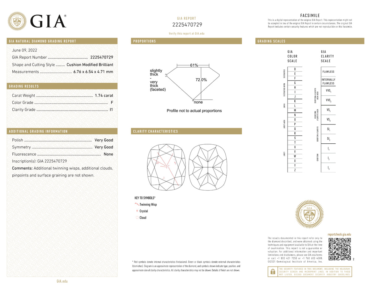 GIA Certified 1.74 Ct Cushion cut F I1 Loose Diamond