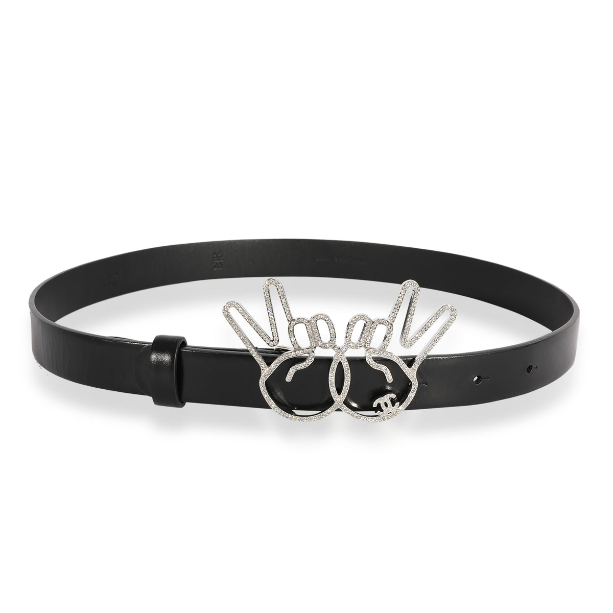 Chanel Black Calfskin Crystal Peace Sign Emoji Belt 65/26 sv