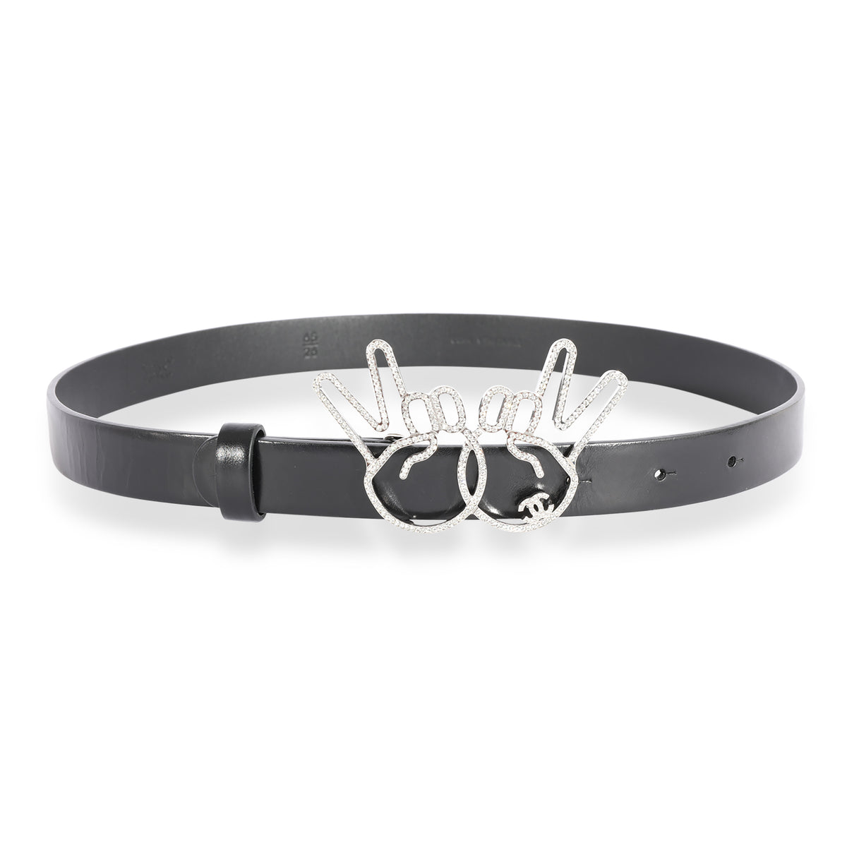 Chanel Black Calfskin Crystal Peace Sign Emoji Belt 65/26 fv