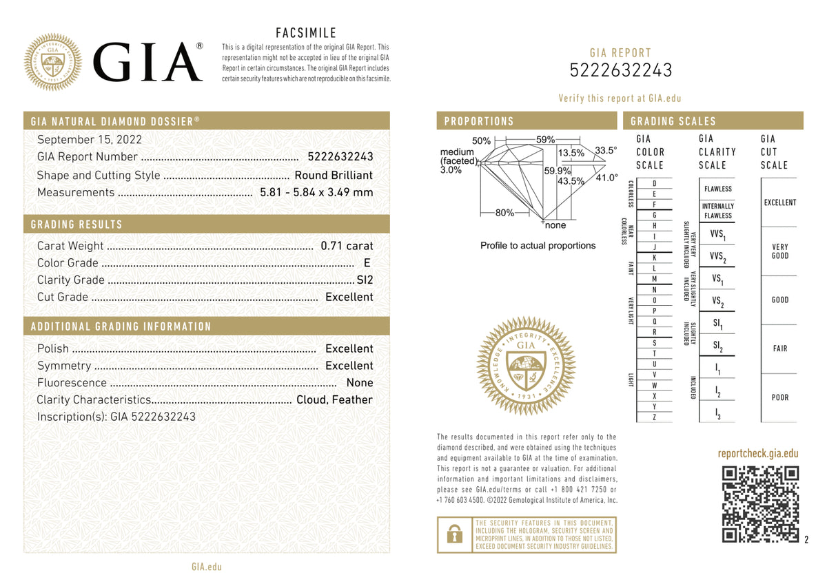 GIA Certified 0.71 Ct Round cut E SI2 Loose Diamond