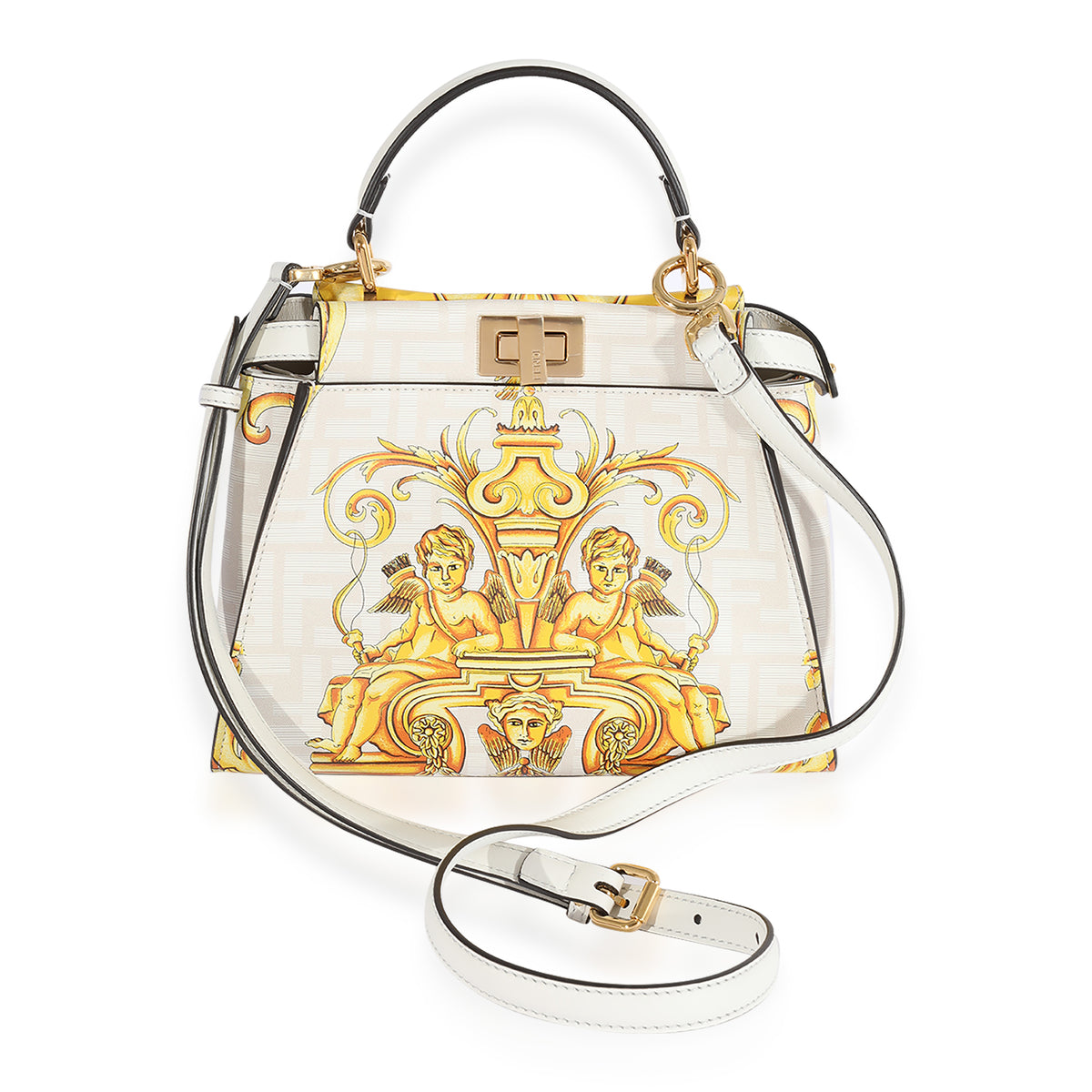 Fendi x Versace Fendace Gold Baroque & White FF Motif Mini Peekaboo Handbag pv