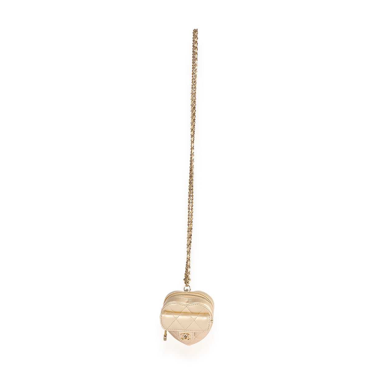 Chanel Metallic Gold Quilted Lambskin Heart Coin Purse Necklace Handbag av