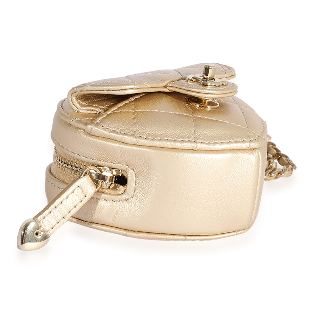 Chanel Metallic Gold Quilted Lambskin Heart Coin Purse Necklace Handbag box