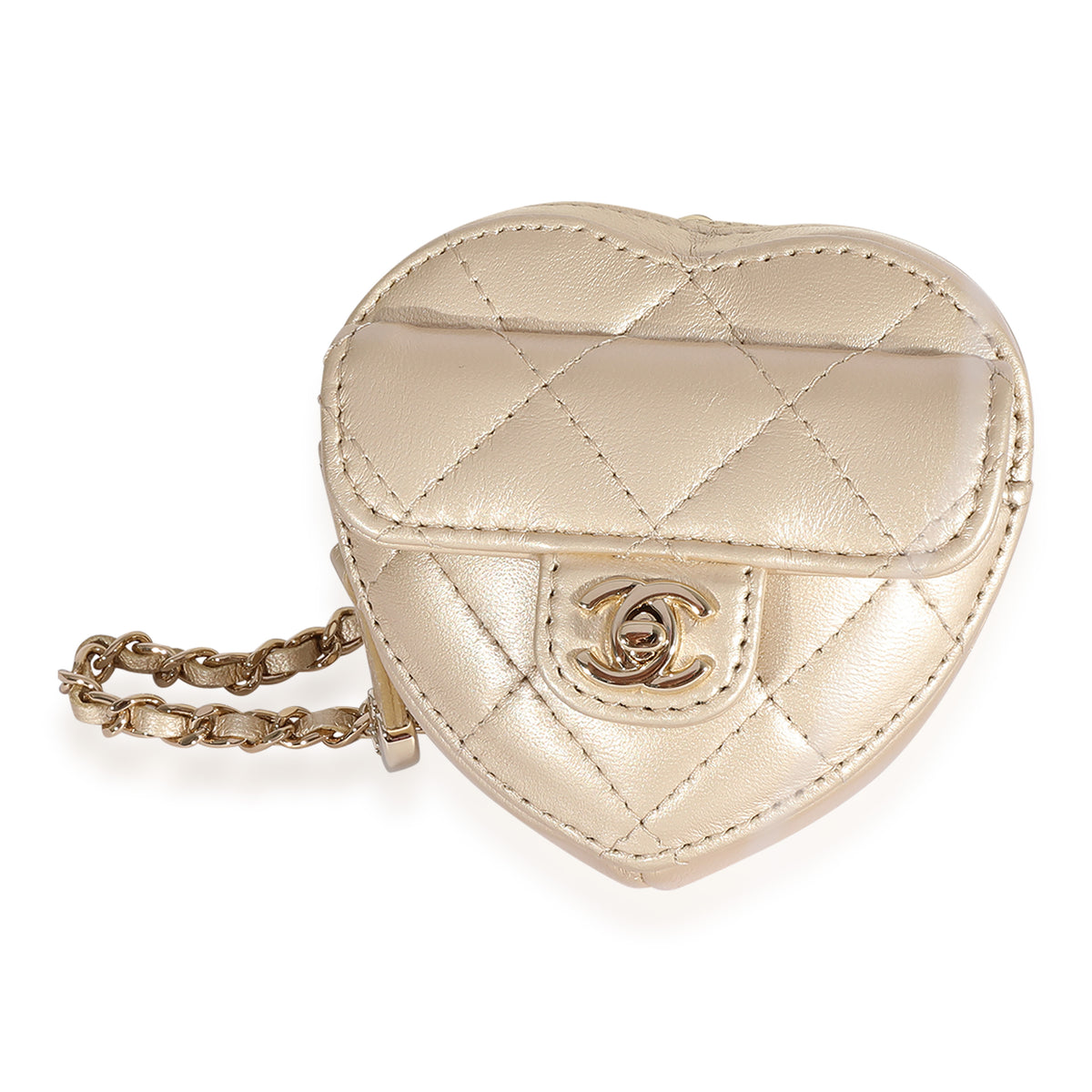 Metallic Gold Quilted Lambskin Heart Coin Purse Necklace