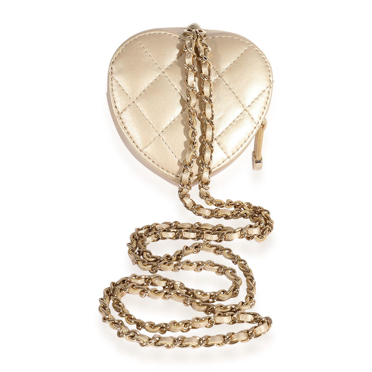 Metallic Gold Quilted Lambskin Heart Coin Purse Necklace