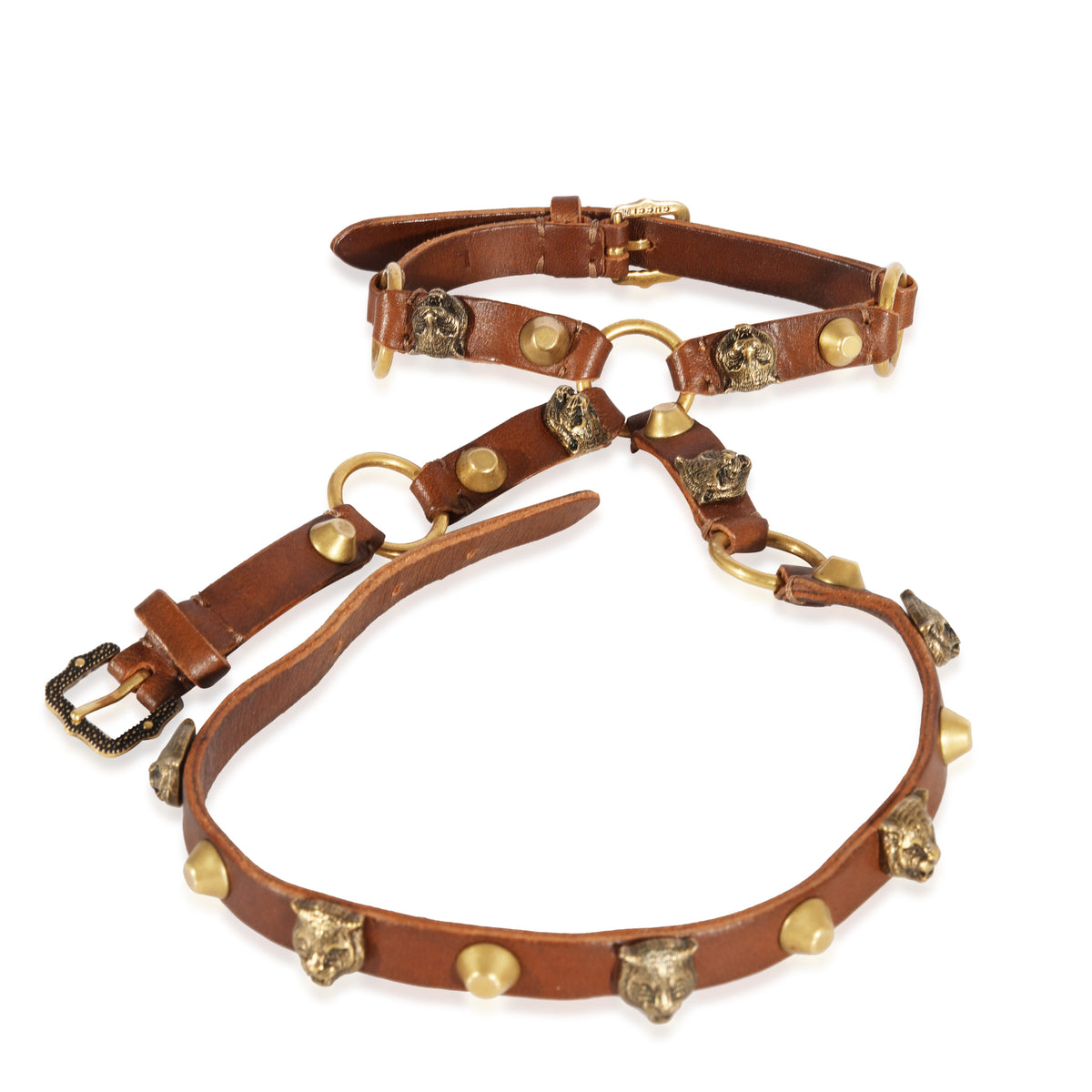 Gold Tone Tang Buckle Feline Head Palm Wrap Bracelet In Brown Leather